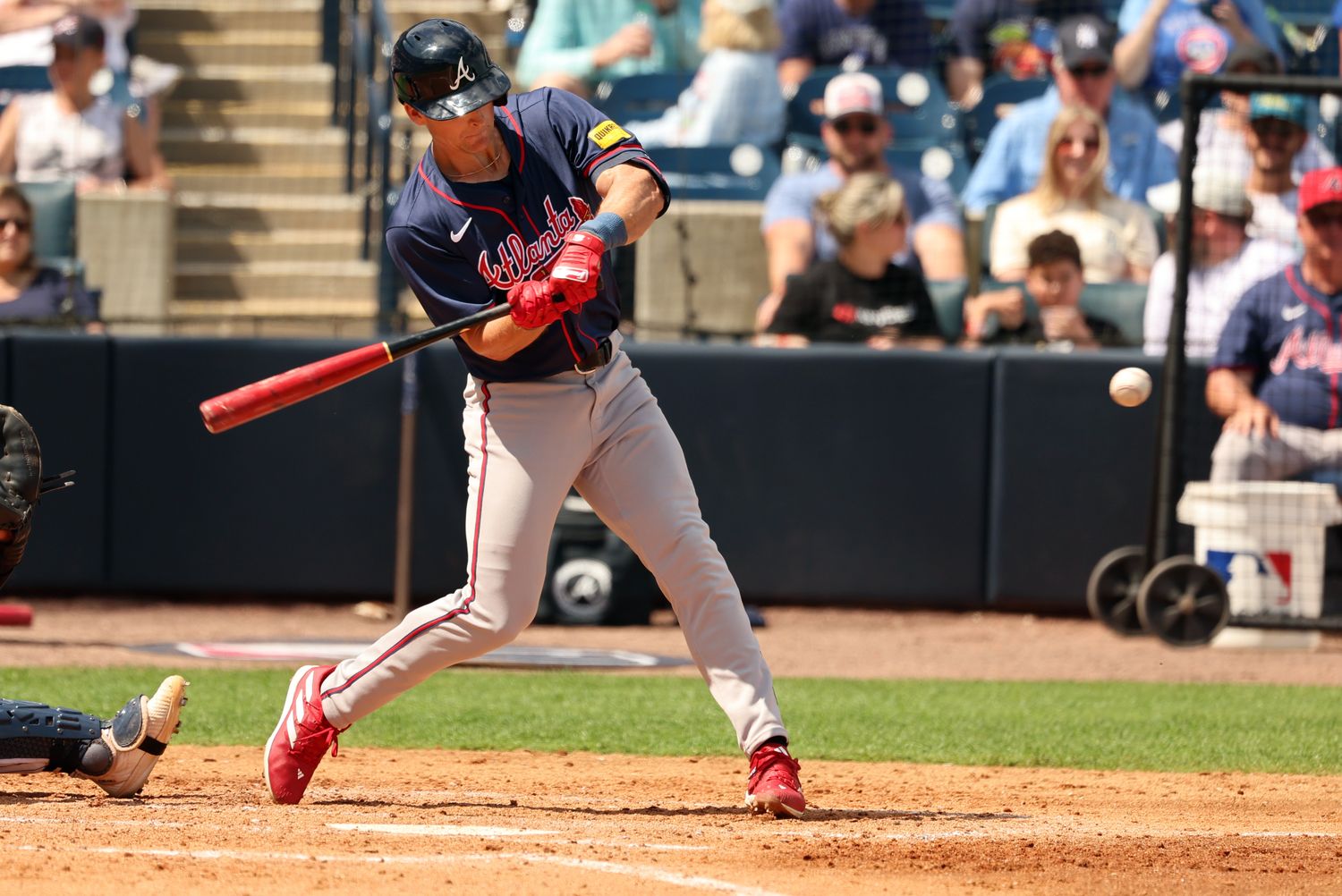 Mar 10, 2024; Tampa, Florida, USA; Atlanta Braves first baseman Luke Williams (74) hits a 2-run home run during the fourth inning against the New York Yankees at George M. Steinbrenner Field.
